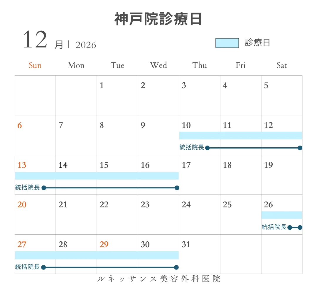 神戸院 2026年12月の診療日カレンダー（統括院長の診療日）